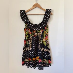 NWT FARM Rio Black Polka Dot Floral Ruffle-Neck Maxi Dress